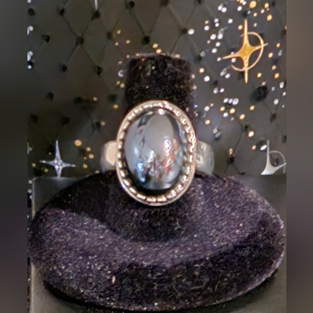 Silver & Hematite Oval Statement Ring-Size 9